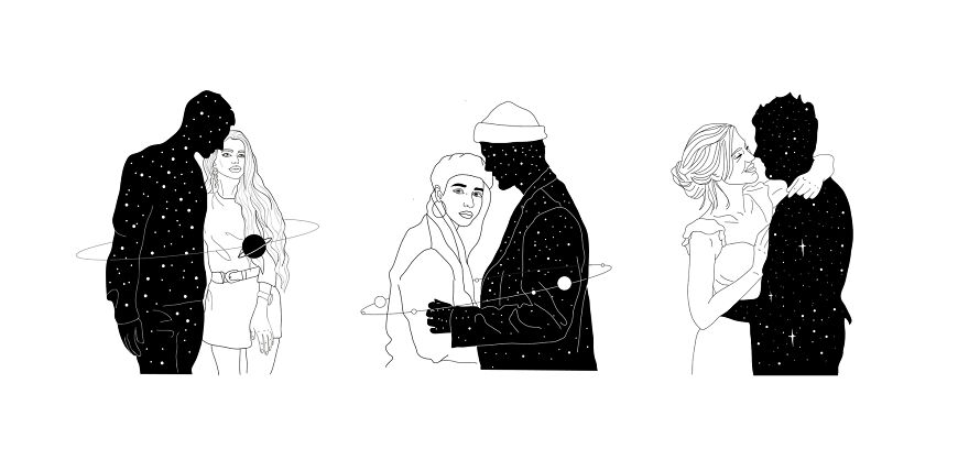 Philosophical sketches depicting couples, created by tattoo artist to combat mental crisis.