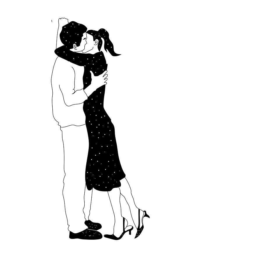 Two people sharing an embrace in a conceptual sketch by a tattoo artist.