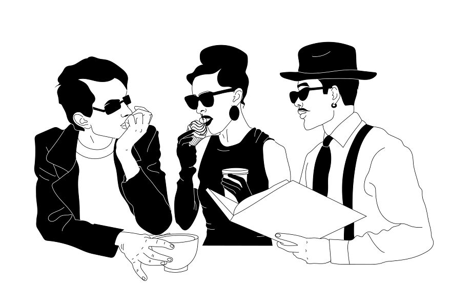 Philosophical sketch of three stylish people in sunglasses, interacting over food and a book.