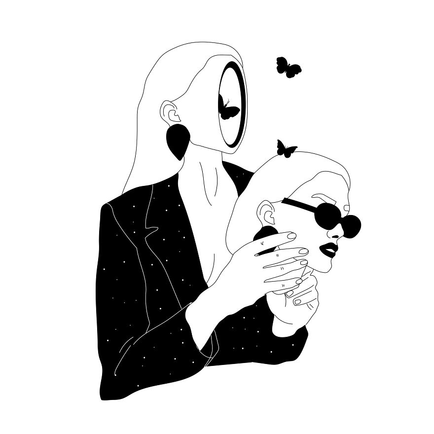 Philosophical sketch by tattoo artist depicting a faceless figure holding a decapitated head, with butterflies nearby.