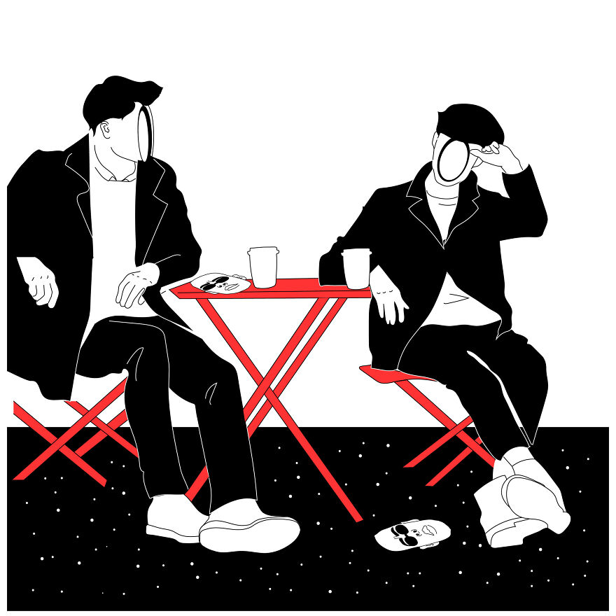 Philosophical sketch by a tattoo artist of two faceless figures at a red table with coffee.