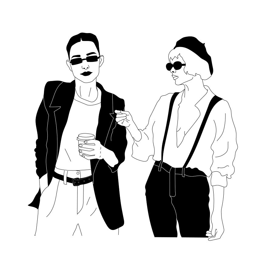 "Philosophical sketch of two fashionable people in black and white, wearing sunglasses and trendy outfits."
