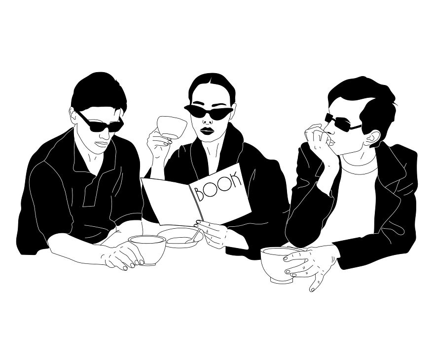 Three people in sunglasses, holding cups, one reading a book. Philosophical sketch by a tattoo artist addressing mental crisis.