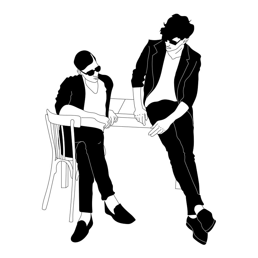 Two individuals in black clothing and sunglasses, depicted in a minimalist sketch by a tattoo artist exploring philosophy.
