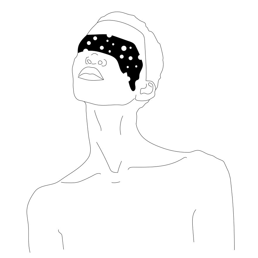 Philosophical sketch of a person with cosmic blindfold, created by tattoo artist highlighting mental health themes.