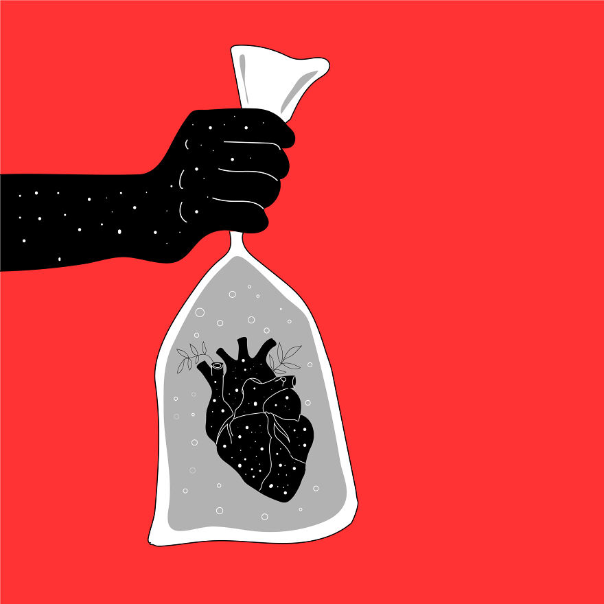 Philosophical sketch of a black hand holding a bag containing a heart against a red background.