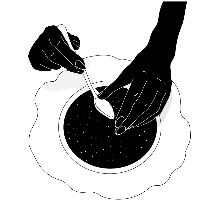 Tattoo artist's philosophical sketch of hands holding a spoon over a plate.