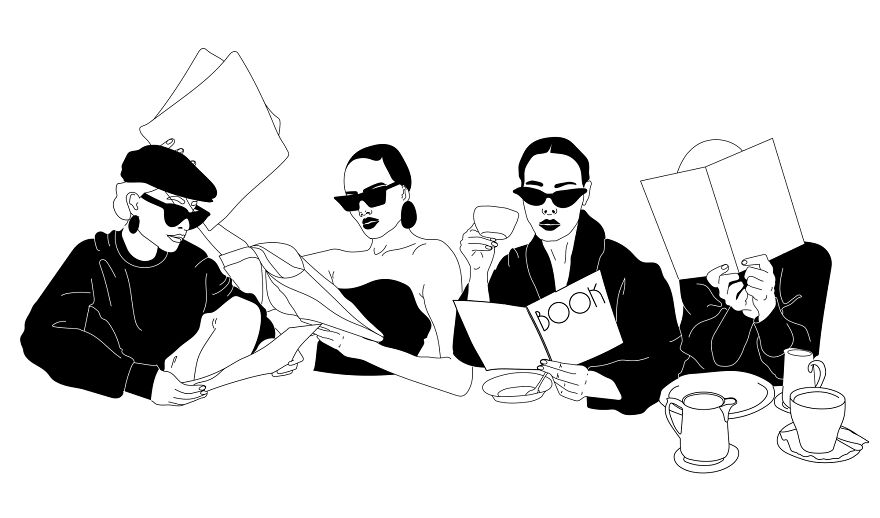 Tattoo artist creates philosophical sketches of four people in sunglasses reading and drinking at a table.