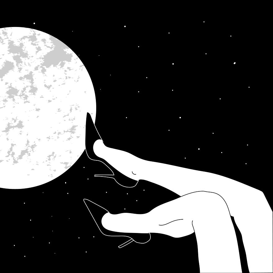 Tattoo artist's philosophical sketch of legs in heels resting on moon with starry background.