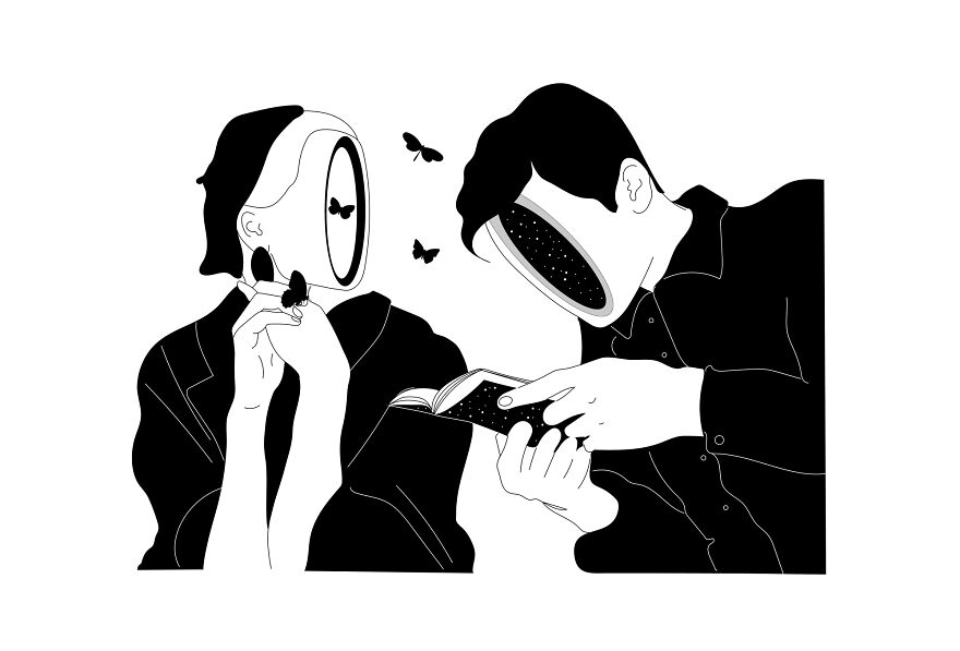 Philosophical sketch of two faceless figures, one reading a book, butterflies surrounding their heads.