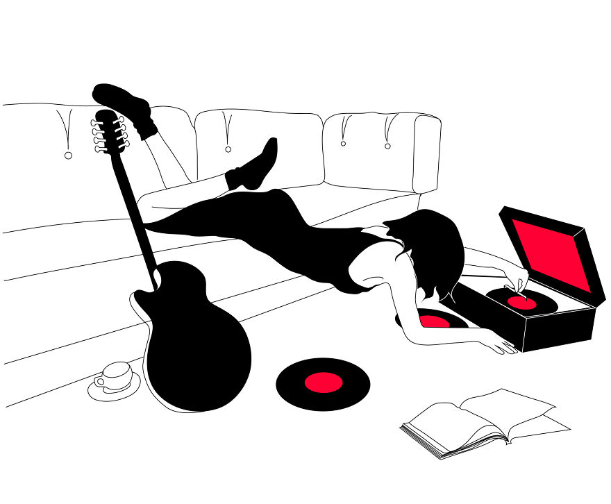Tattoo artist's philosophical sketch of a woman on a couch, surrounded by a guitar, vinyl, and an open book.