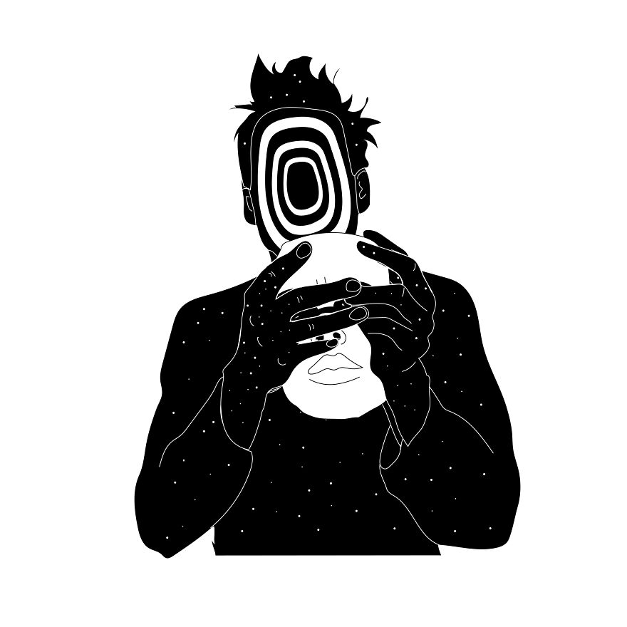 Tattoo artist's philosophical sketch of a person holding a mask, illustrating a mental crisis theme.