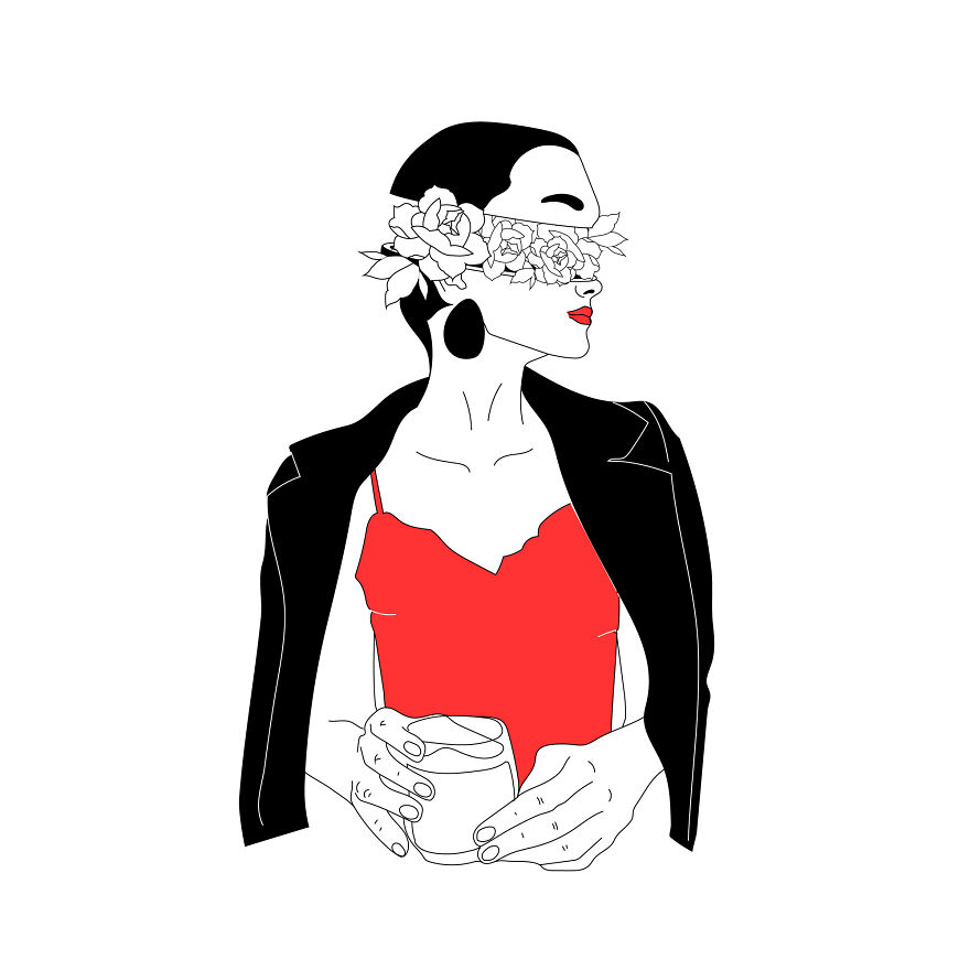 Philosophical sketch of a woman with floral eye covering, holding a glass, wearing a red dress and black jacket.