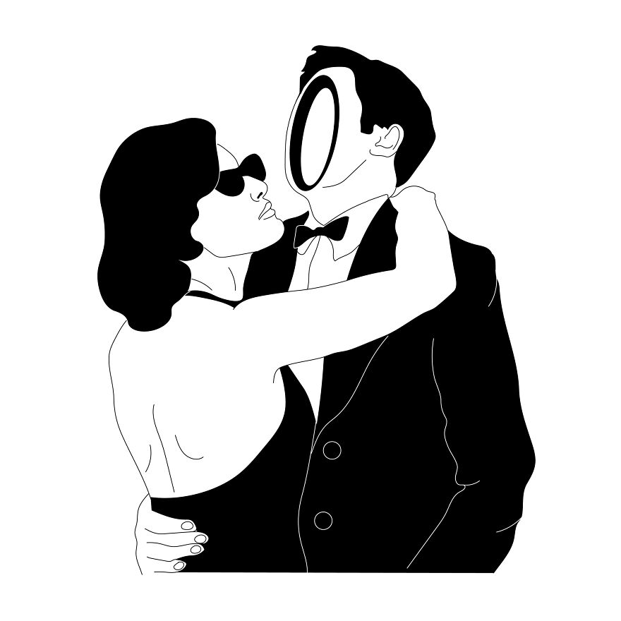 Philosophical sketch of a couple embracing, woman's face hidden with sunglasses, man's face abstract and faceless.