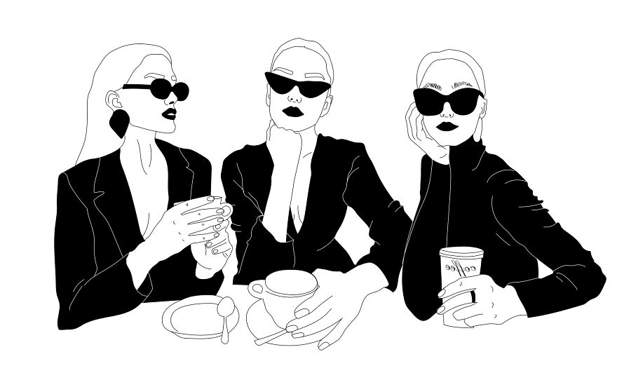 Minimalist sketch by tattoo artist depicting three stylish women in sunglasses with coffee cups, capturing a philosophical vibe.