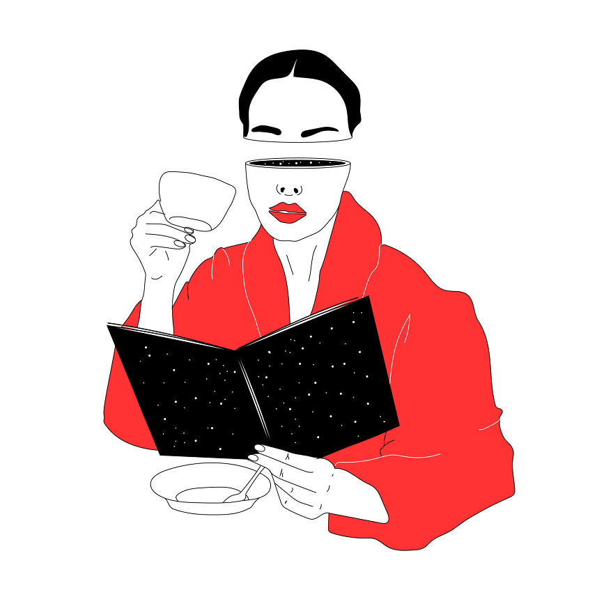 A philosophical sketch by a tattoo artist showing a person in a red robe, sipping tea with a book and an open head.