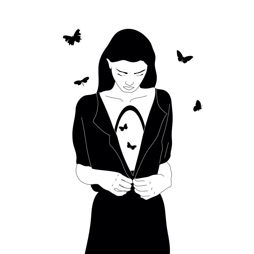 A philosophical sketch of a woman opening her shirt, revealing butterflies inside, with more butterflies flying around her.