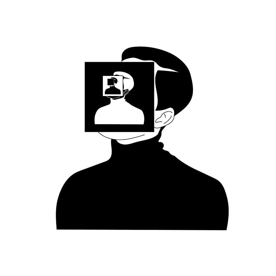 Philosophical sketch by tattoo artist, featuring recursive profile silhouette on a white background.