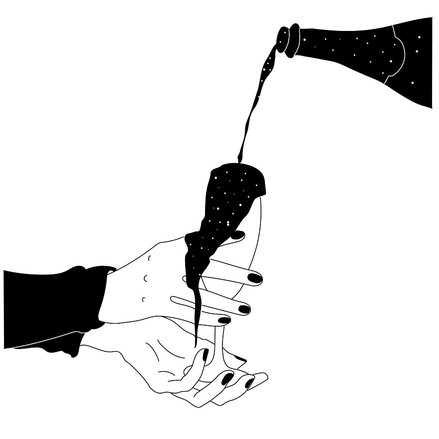Philosophical sketch: two hands pouring starry liquid from a bottle.