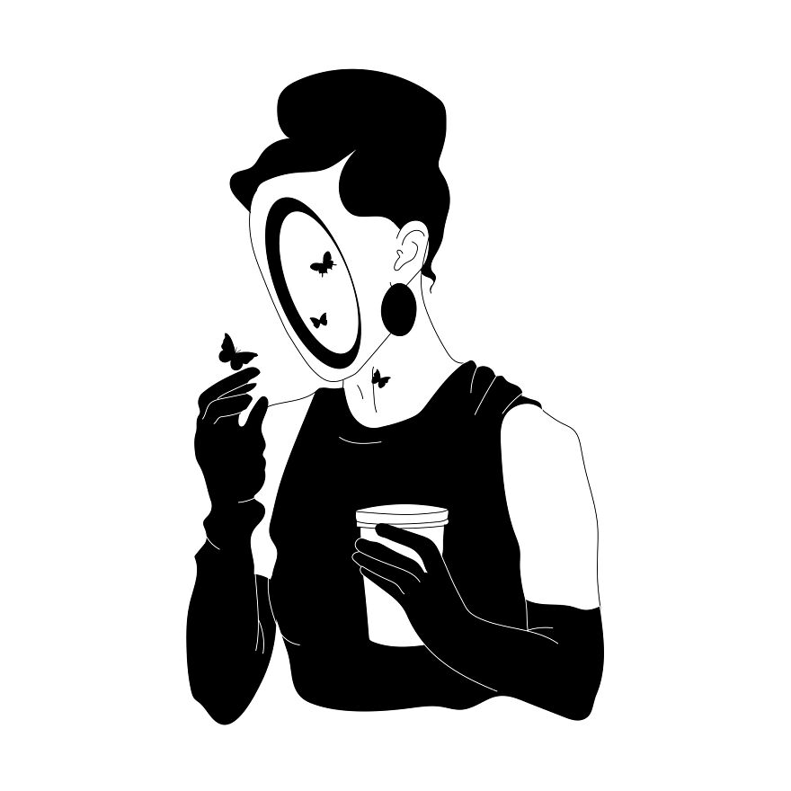 Philosophical tattoo sketch of a figure with a cup, faceless with butterflies, representing mental crisis themes.