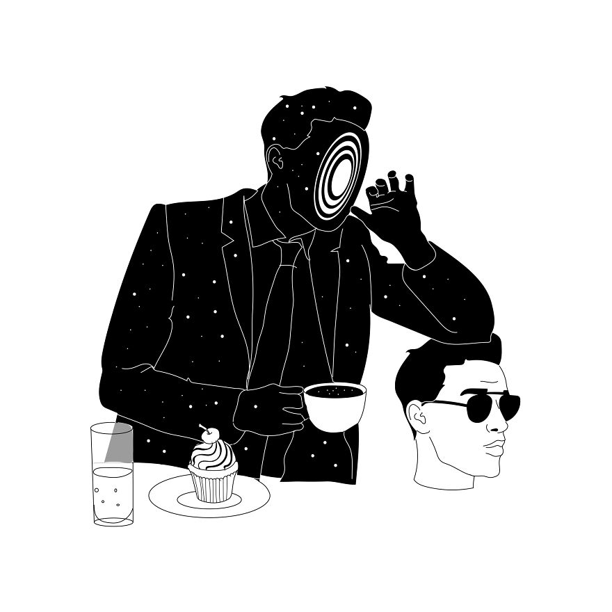 Philosophical sketch by tattoo artist showing a suited figure with a spiral face holding a cup, alongside a floating head.