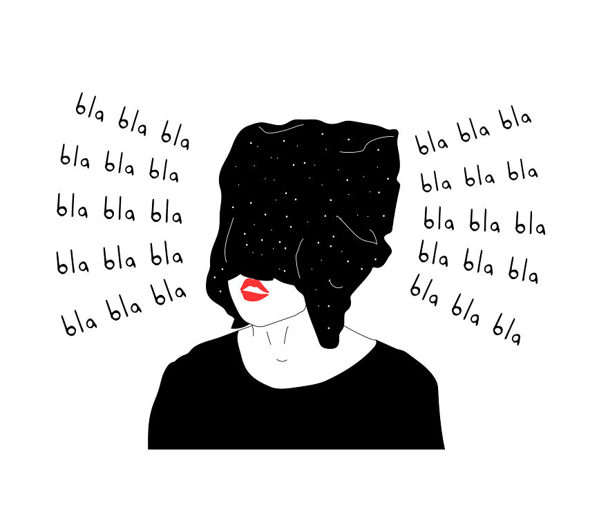 Tattoo artist philosophical sketch showing a person with head covered, surrounded by "bla bla bla" text, symbolizing mental noise.