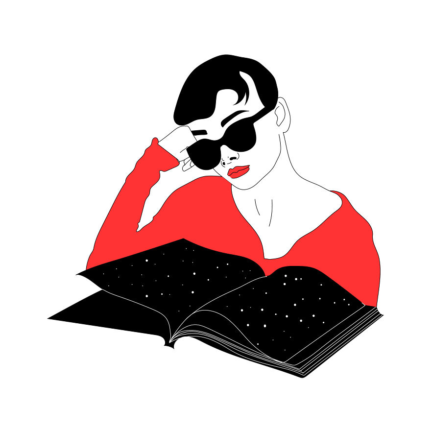 Philosophical sketch by a tattoo artist depicts a person in sunglasses and a red top, contemplating a starry book.