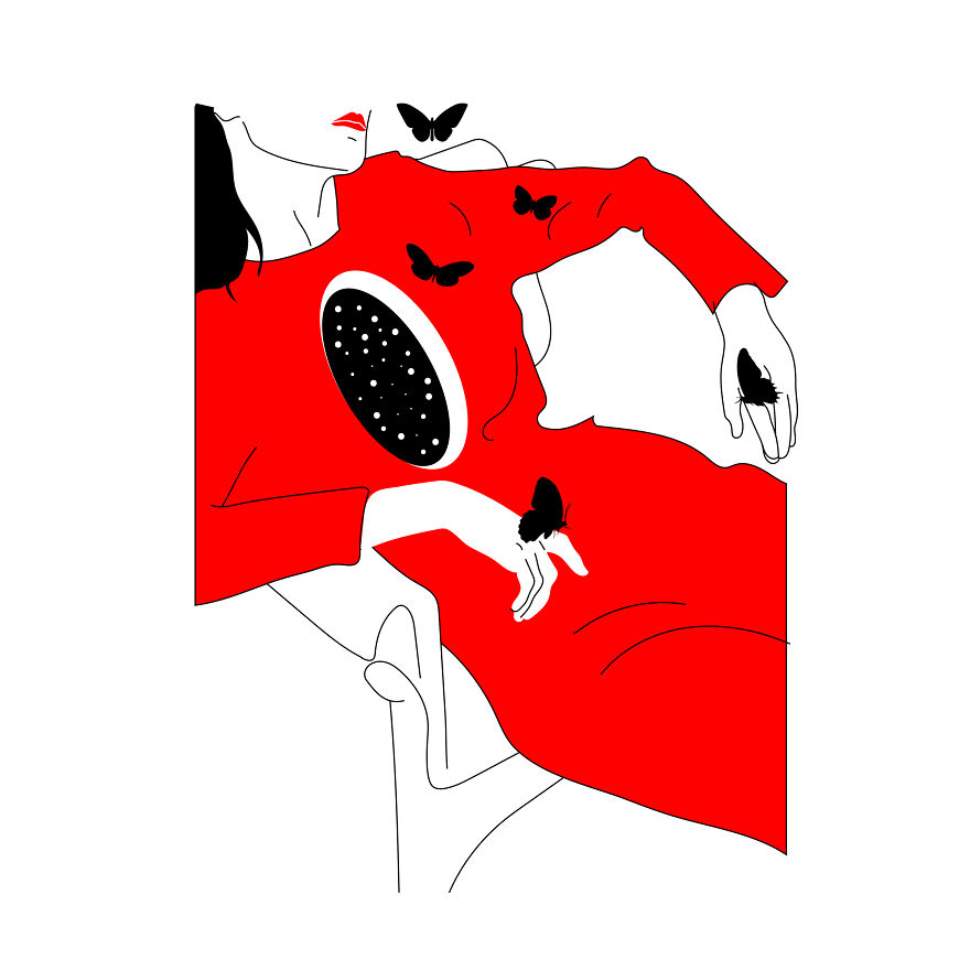 Philosophical sketch of a person in red, black butterflies, and a cosmic oval.