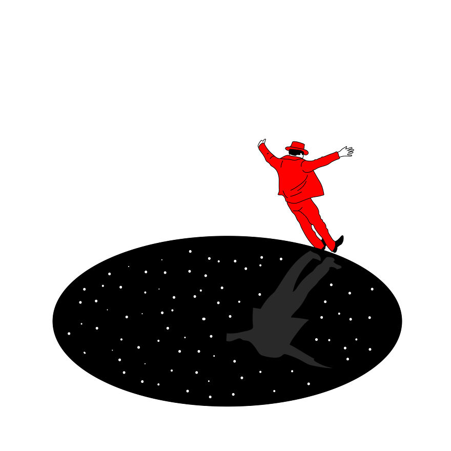 Man in red suit balancing on edge of a starry hole; philosophical sketch by tattoo artist.