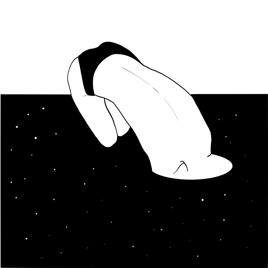 Philosophical sketch of a person bending over, partially submerged in a starry black background.