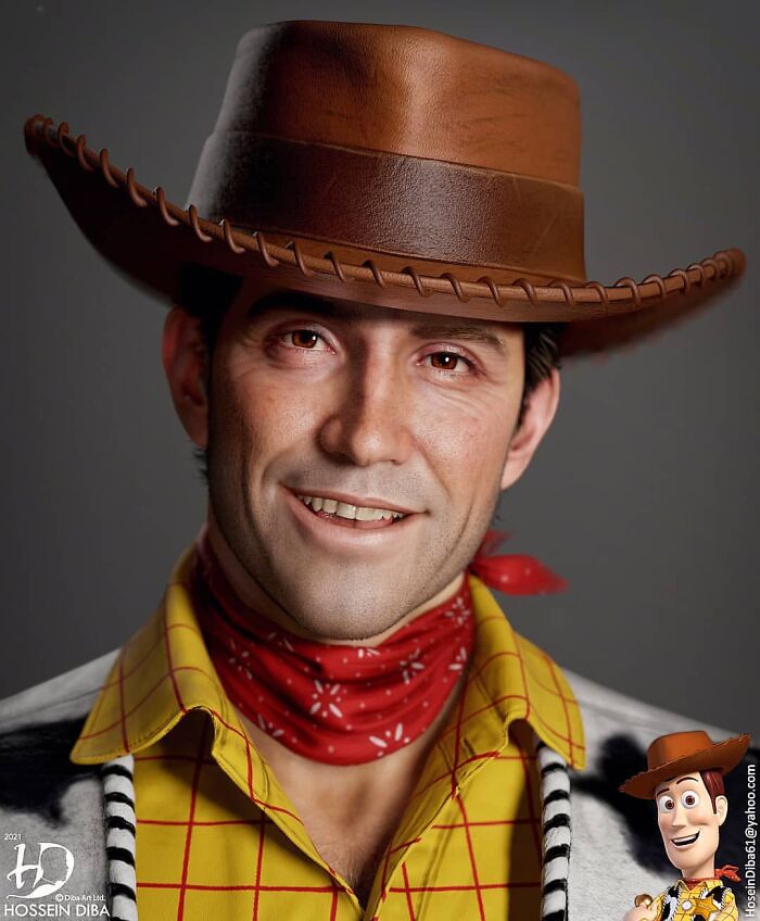 Realistic recreation of a famous pop culture character Woody from Toy Story by an artist as a real person.