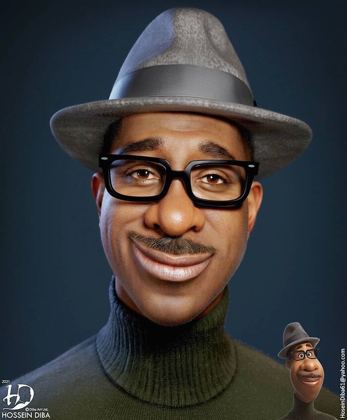 Realistic artist recreation of a famous pop culture character portrayed as a real person wearing a hat and glasses.