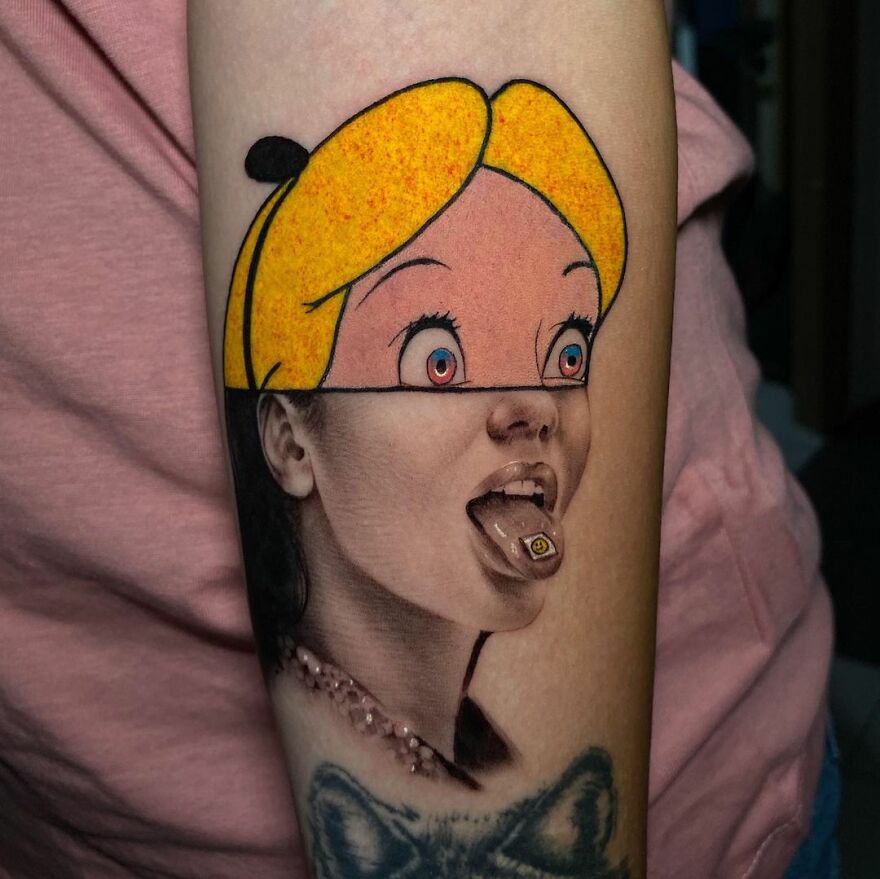 Tattoo combining cartoon and realistic styles on an arm, featuring a girl with candy on her tongue.