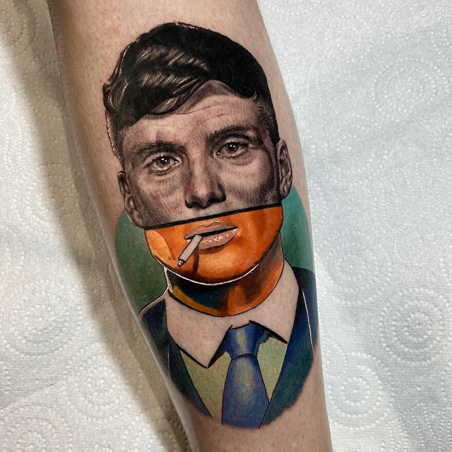 Tattoo featuring a portrait with two different artistic styles by Mat Rule.