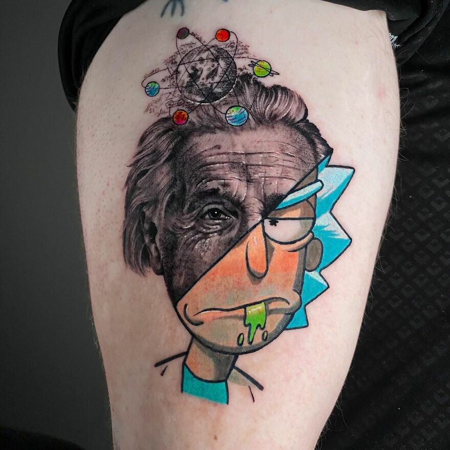 Two-style tattoo by Mat Rule featuring half realistic portrait and half cartoon character on skin.