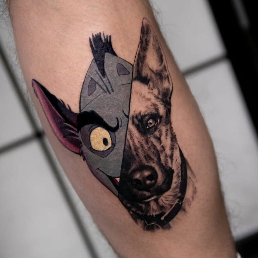 Tattoo of a hyena and dog in two distinct styles by artist Mat Rule.