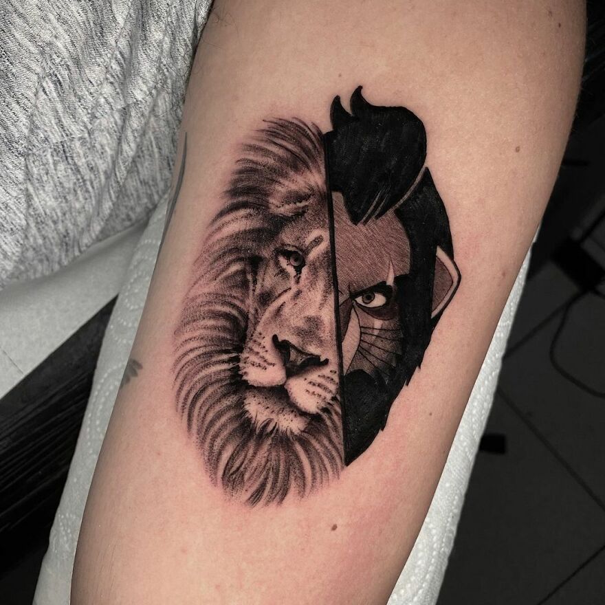 Tattoo of a lion and animated lion face combined, showcasing two different styles by Mat Rule.