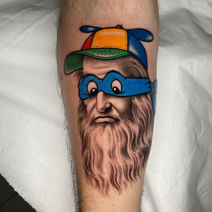 Two different styles tattoo by Mat Rule, featuring a bearded man with a colorful cap and blue mask on a forearm.