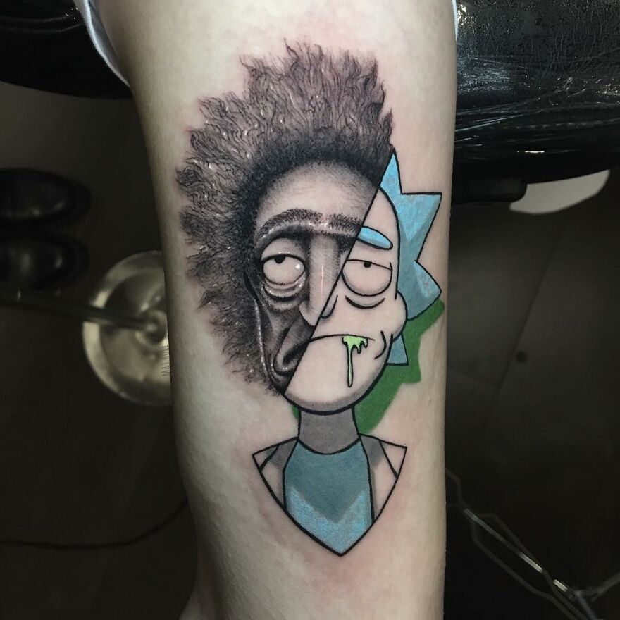 Tattoo design combining two styles by Mat Rule, featuring a split portrait with contrasting art techniques.