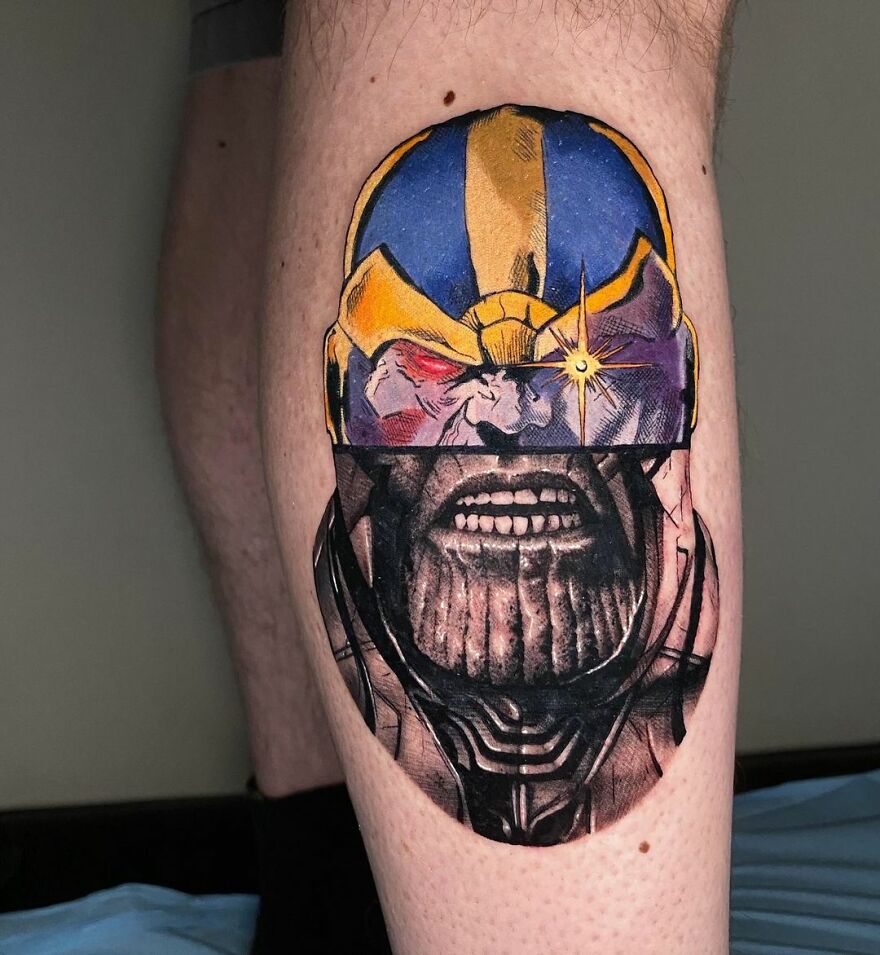 Unique tattoo featuring a character in two different artistic styles, displayed on a leg.