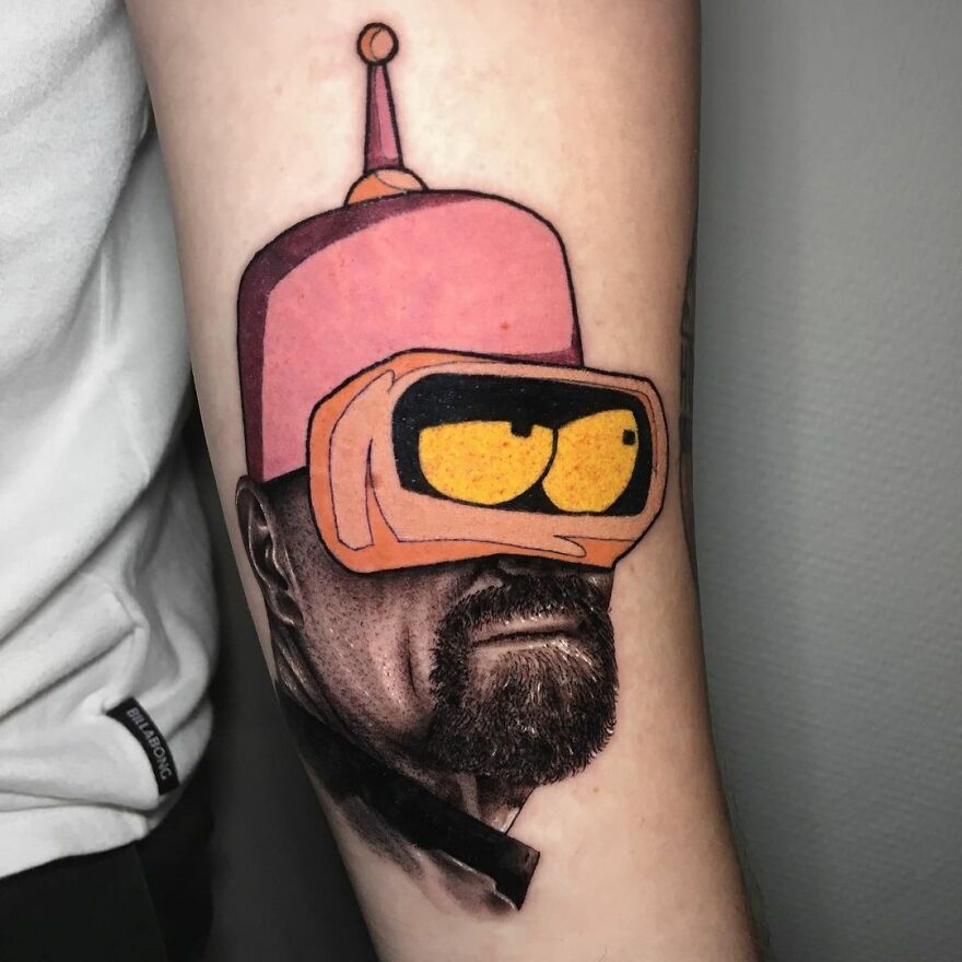 Tattoo combining two different styles by Mat Rule, featuring a mix of cartoon and realistic elements on an arm.