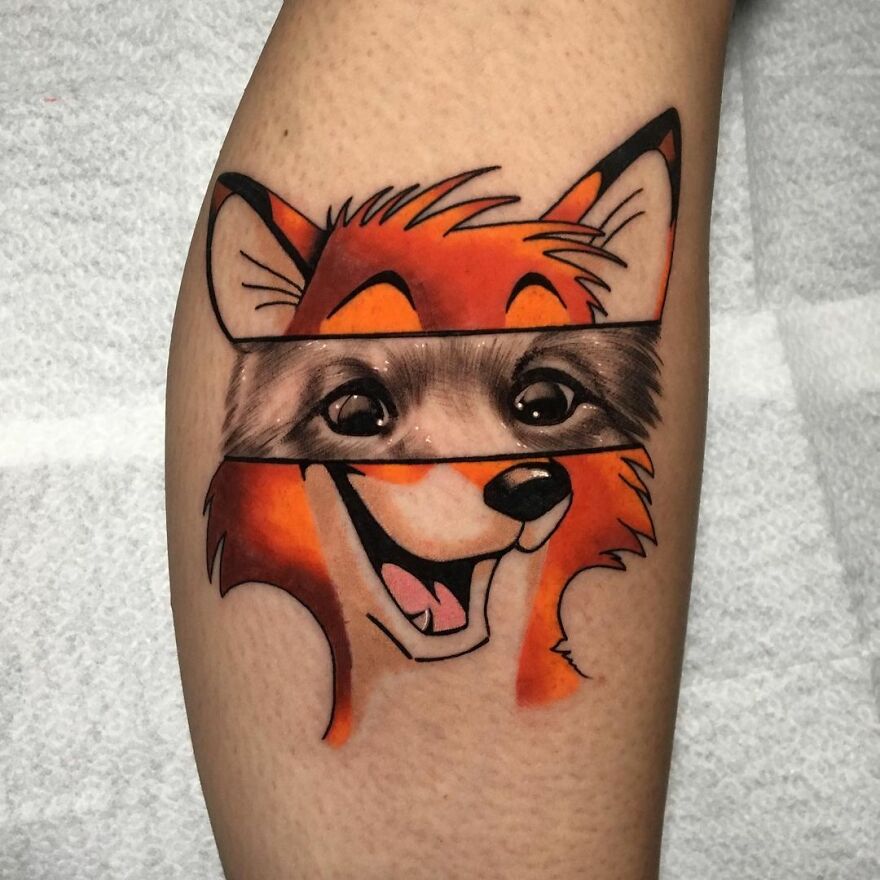 Tattoo combining cartoon and realistic styles on an arm by Mat Rule, featuring a fox.