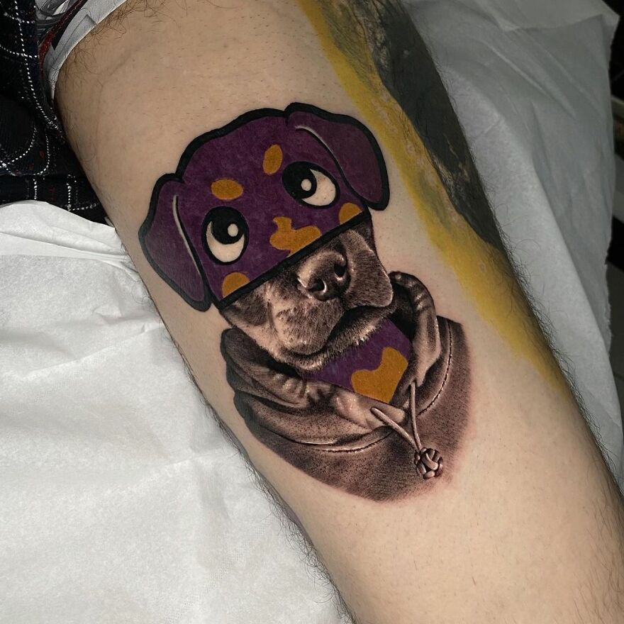 Tattoo of a dog in two styles, realistic and cartoonish, on an arm by Mat Rule.