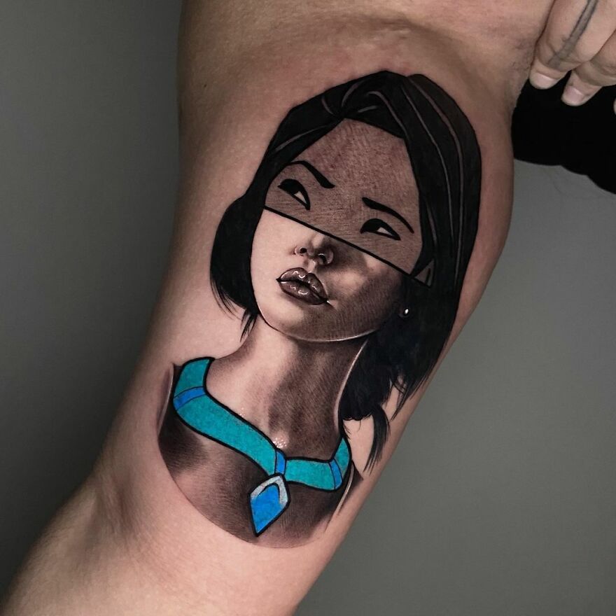 Tattoo combining two different styles by Mat Rule, featuring a portrait with geometric elements and vivid colors.