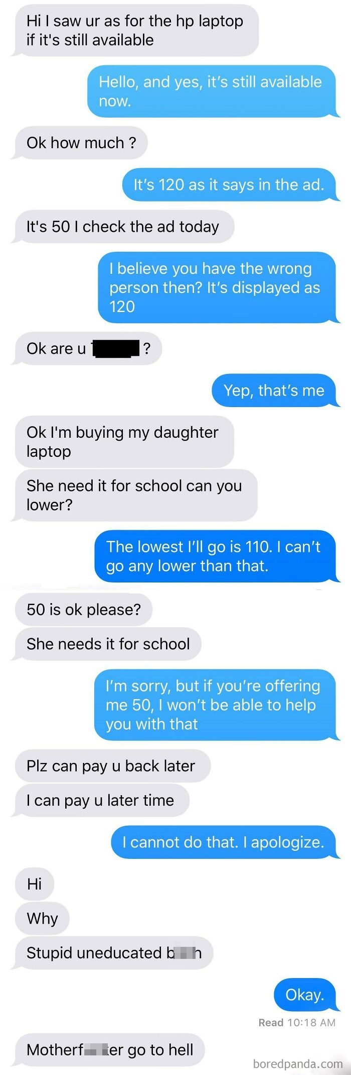 Trying To Sell A Laptop For $120. This Person Offers Me $50 For It