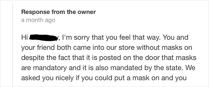 Shop Owner Pens A Mic-Drop Reply After A Customer Who Wouldn't Wear A Mask Properly Left Them A 1-Star Review
