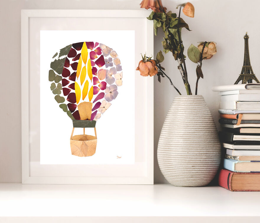 Hot Air Balloon Made From Rose Petals, Hydrangea Petals, Sunflower Petals, Clover, And Birch Leaves