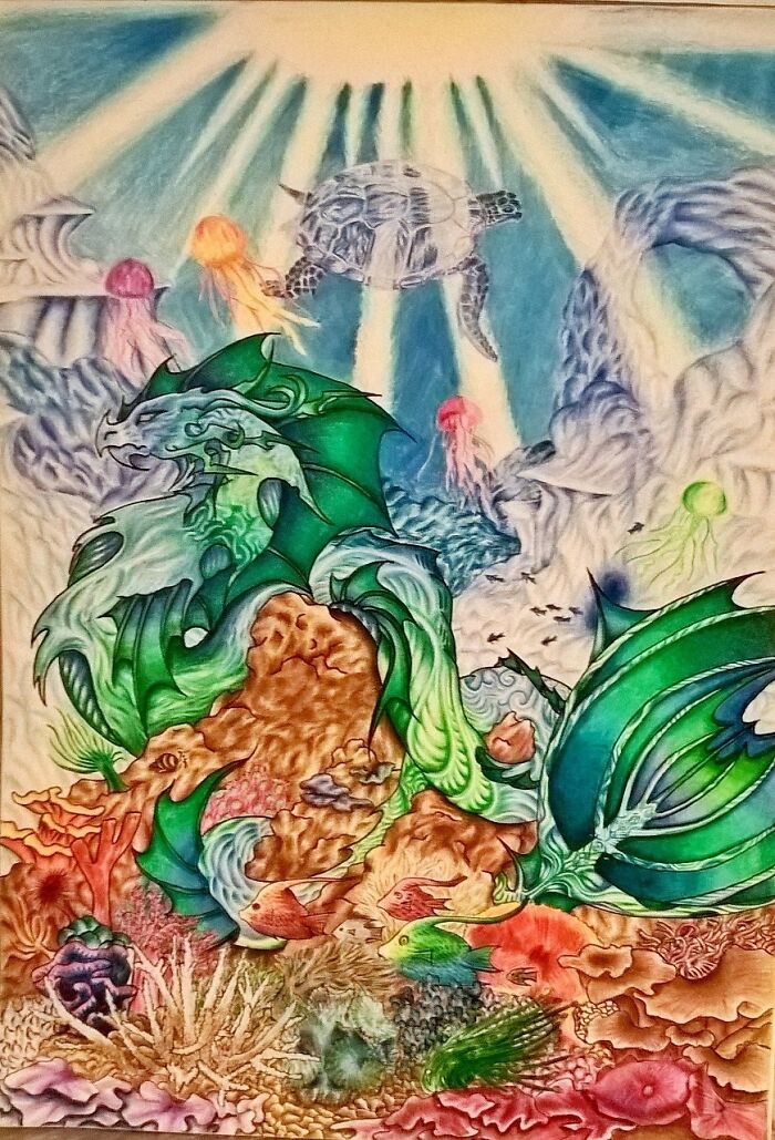 I Drew This Underwater Dragon 4 Years Ago In Pencil. Still My Favourite Fantasy Drawing To Date