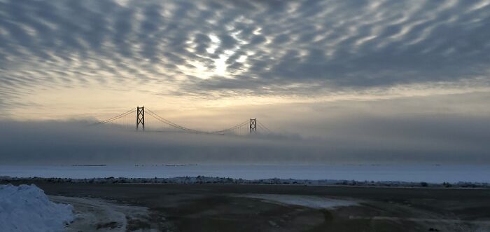 Bridge On A Cold Day, Ontario. Border Bridge Between US Border And Ontario, Canada