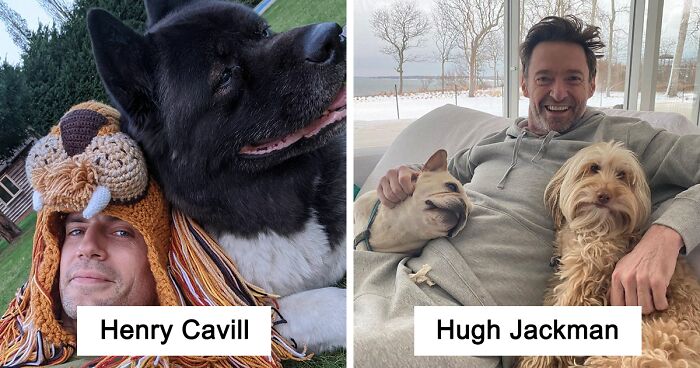 Henry Cavill and Hugh Jackman showing their love for dogs in relaxed outdoor and indoor settings.